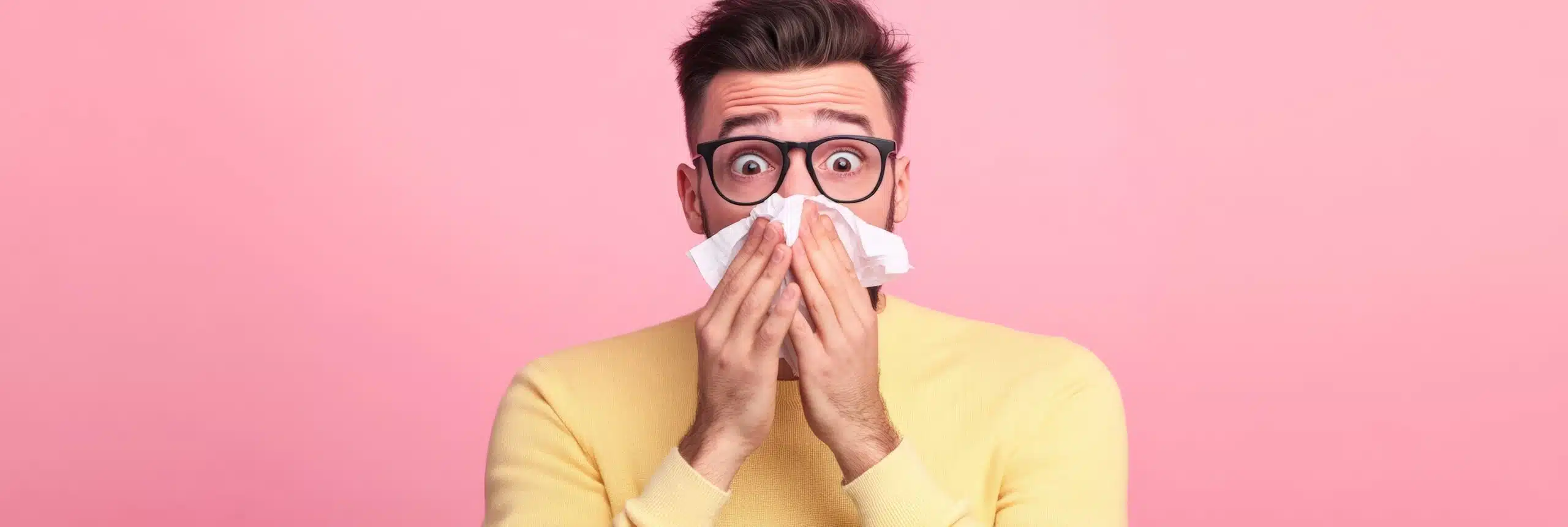 Sick young man blowing nose with tissue on pink background