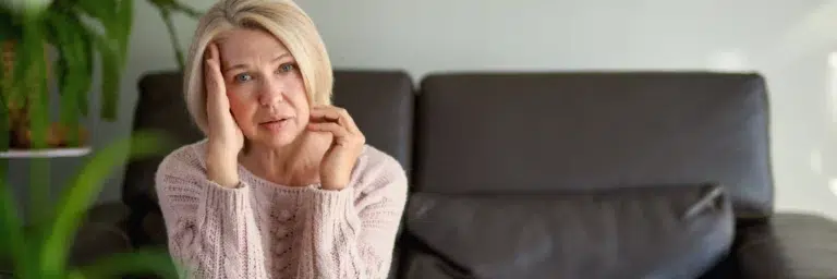 Middle-aged blonde woman sitting on a leather sofa, looking concerned with her hand on her head.